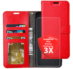 Bookcase Geschikt voor: Samsung Galaxy A10s - Rood - Portemonnee hoesje met 3x Glas Screen protector