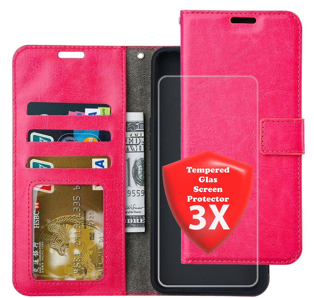 Bookcase Geschikt voor: Motorola Edge 30 Pro - Roze - Portemonnee hoesje met 3x Screenprotector