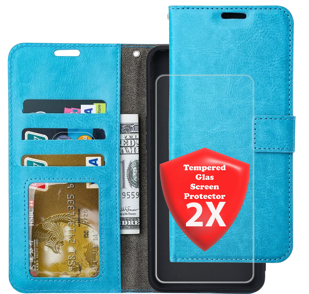 Bookcase hoesje Geschikt voor: Samsung Galaxy A50S Portemonnee Turquoise met 2x Glas Screenprotector