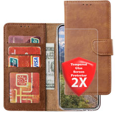 Bookcase Geschikt voor: Samsung Galaxy A13 5G / A04s - LichtBruin - Portemonnee hoesje met 2x Glas Screen protector