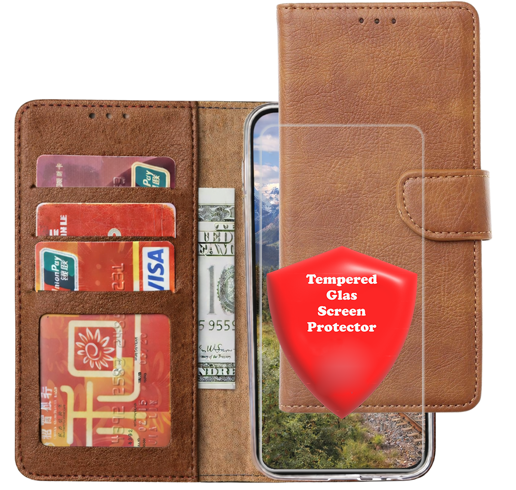 Bookcase Geschikt voor: Samsung Galaxy A07 LichtBruin - Portemonnee hoesje met 1x Glas Screen protector - Book Cover