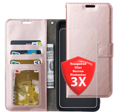 Samsung Galaxy A22 4G Hoesjes – Portemonnee Hoes – Magneetsluiting – 3x Gehard Glas Screenprotector – Roségoud