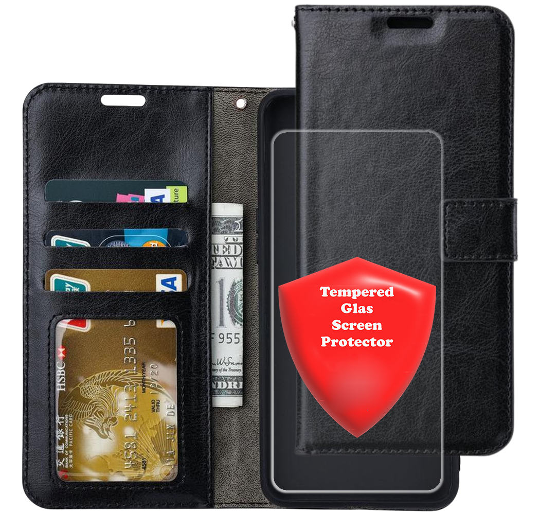 Bookcase Geschikt voor: Motorola Moto E6i - Zwart - Portemonnee hoesje met 1x Screenprotector