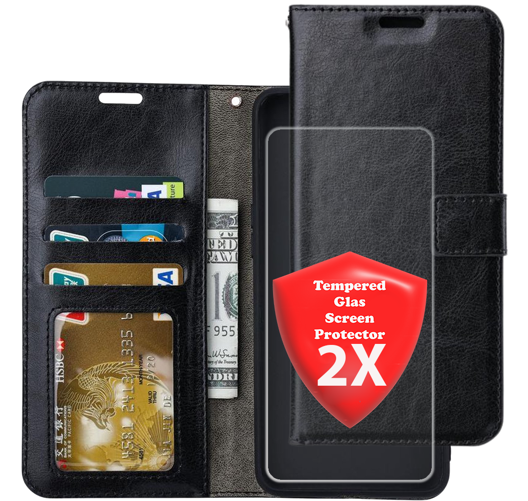 hoesje Geschikt voor: Samsung Galaxy A60 Portemonnee zwart met 2x Glas Screenprotector
