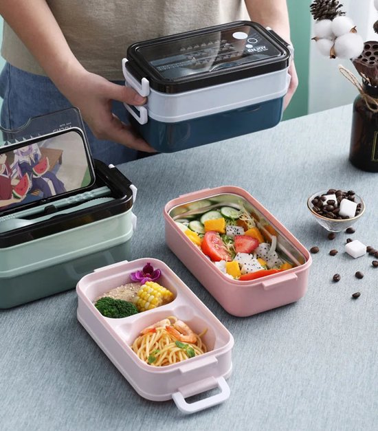 Bento lunchbox – 1260ml 3 compartimenten – RVS inzet – Inclusief bestek – Lekvrij magnetron & vaatwasser – Groen-Lunchbox-Ilumina Benelux