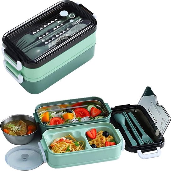 Bento lunchbox – 1260ml 3 compartimenten – RVS inzet – Inclusief bestek – Lekvrij magnetron & vaatwasser – Groen-Lunchbox-Ilumina Benelux