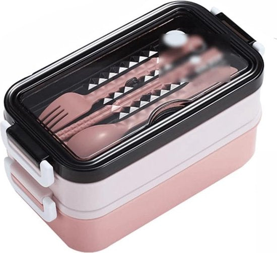 Bento lunchbox – 1260ml – 3 compartimenten – RVS inzet incl. bestek – Lekvrij magnetron & vaatwasser – Roze-Lunchbox-Ilumina Benelux