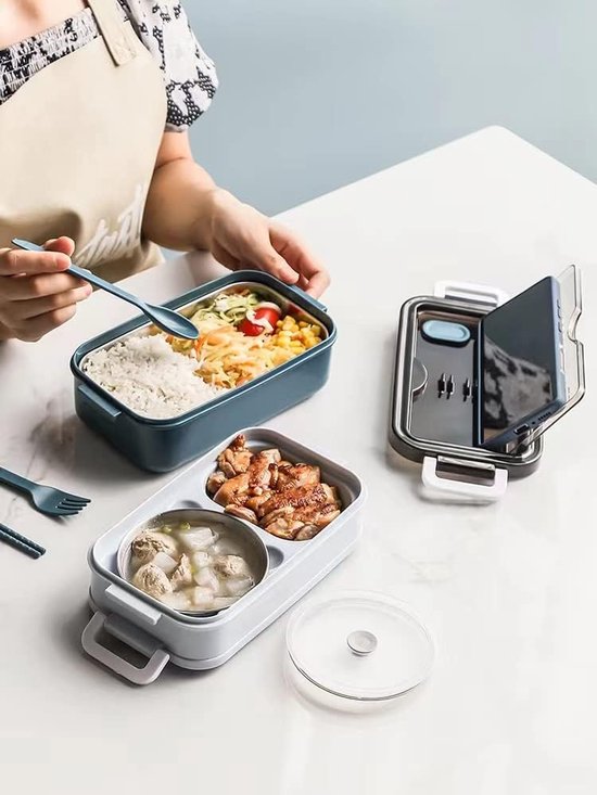Bento lunchbox – 1260ml – 3 compartimenten – RVS inzet incl. bestek – Lekvrij magnetron & vaatwasser – Roze-Lunchbox-Ilumina Benelux