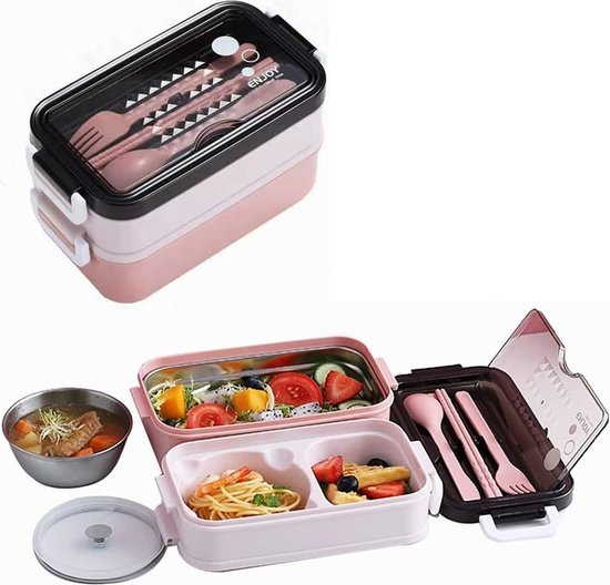 Bento lunchbox – 1260ml – 3 compartimenten – RVS inzet incl. bestek – Lekvrij magnetron & vaatwasser – Roze-Lunchbox-Ilumina Benelux