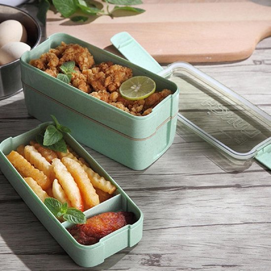 Bento lunchbox – 3 compartimenten – Met bestek set – Stapelbaar voedselbewaardoos voor kinderen – Groen-Lunchbox-Ilumina Benelux
