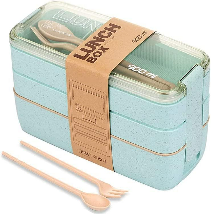Bento lunchbox – 3 compartimenten – Met bestek set – Stapelbaar voedselbewaardoos voor kinderen – Groen-Lunchbox-Ilumina Benelux