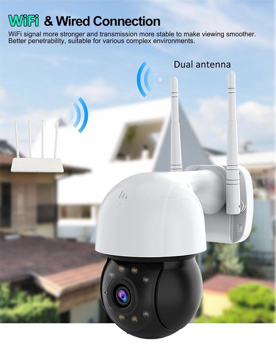 Beveiligingscamera Buiten – PTZ IP Camera WiFi 1080P – 355°/90° Draaibaar – Nachtzicht – Bewegingsdetectie – Audio – Cloud/TF Opslag-Ilumina Benelux