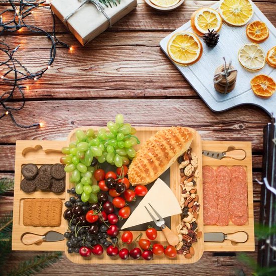 Borrelplank bamboe – Uitschuifbare kaasplank – 4 kaasmesjes – Tapas serveerplank met keramische plaat – Naturel-Ilumina Benelux