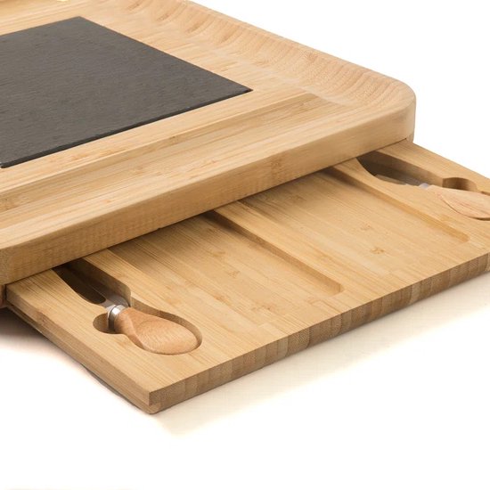 Borrelplank bamboe – Uitschuifbare kaasplank – 4 kaasmesjes – Tapas serveerplank met keramische plaat – Naturel-Ilumina Benelux