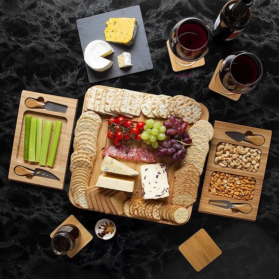 Borrelplank bamboe – Uitschuifbare kaasplank – 4 kaasmesjes – Tapas serveerplank met keramische plaat – Naturel-Ilumina Benelux