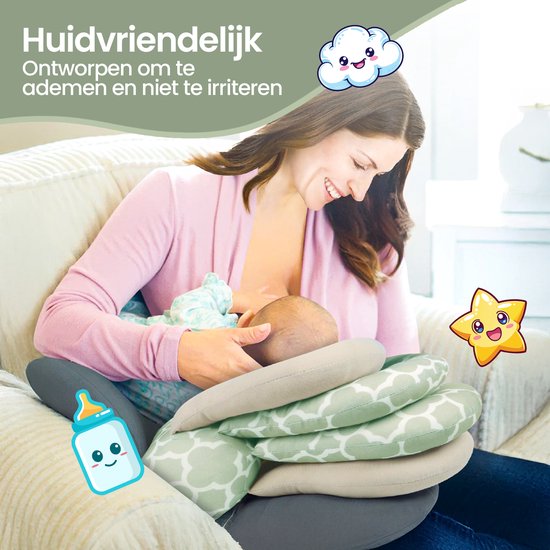Borstvoedingskussen ergonomisch – Verstelbaar 3-lagen – Ondersteunend & comfortabel – Afneembare wasbare hoes – Lichtgroen/Grijs/Wit-Voedingskussen-Ilumina Benelux