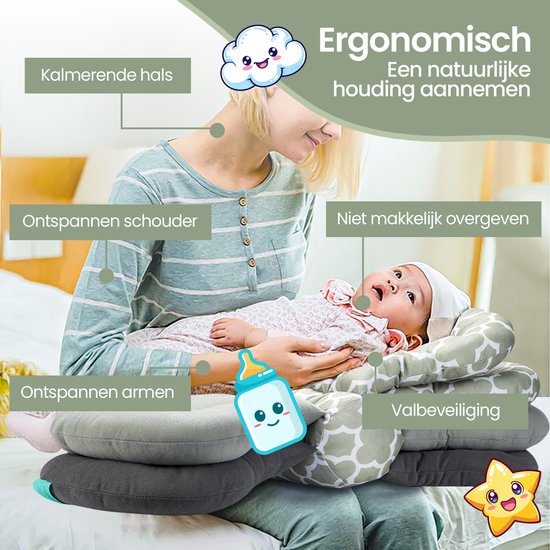 Borstvoedingskussen ergonomisch – Verstelbaar 3-lagen – Ondersteunend & comfortabel – Afneembare wasbare hoes – Lichtgroen/Grijs/Wit-Voedingskussen-Ilumina Benelux