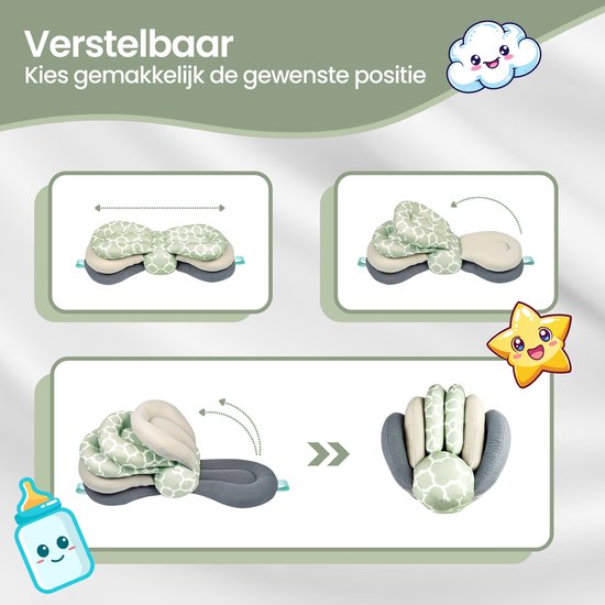 Borstvoedingskussen ergonomisch – Verstelbaar 3-lagen – Ondersteunend & comfortabel – Afneembare wasbare hoes – Lichtgroen/Grijs/Wit-Voedingskussen-Ilumina Benelux