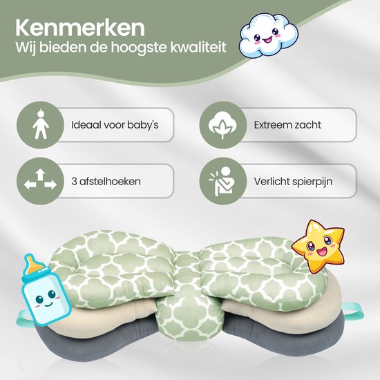 Borstvoedingskussen ergonomisch – Verstelbaar 3-lagen – Ondersteunend & comfortabel – Afneembare wasbare hoes – Lichtgroen/Grijs/Wit-Voedingskussen-Ilumina Benelux