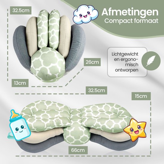 Borstvoedingskussen ergonomisch – Verstelbaar 3-lagen – Ondersteunend & comfortabel – Afneembare wasbare hoes – Lichtgroen/Grijs/Wit-Voedingskussen-Ilumina Benelux