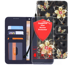 Samsung Galaxy A22 4G Hoesjes – Bookcase Portemonneehoes – Butterflies & Flowers 3D Print – 2x Gehard Glas Screenprotector – Multicolor