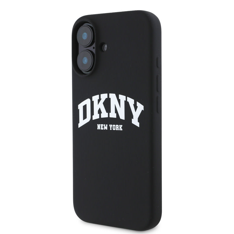 DKNY iPhone 16 Backcover hoesje Magsafe - Liquid Silicone - White Arch Logo - Zwart-Hoesjes-Ilumina Benelux