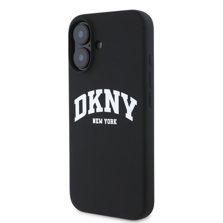 DKNY iPhone 16 Backcover hoesje Magsafe - Liquid Silicone - White Arch Logo - Zwart-Hoesjes-Ilumina Benelux