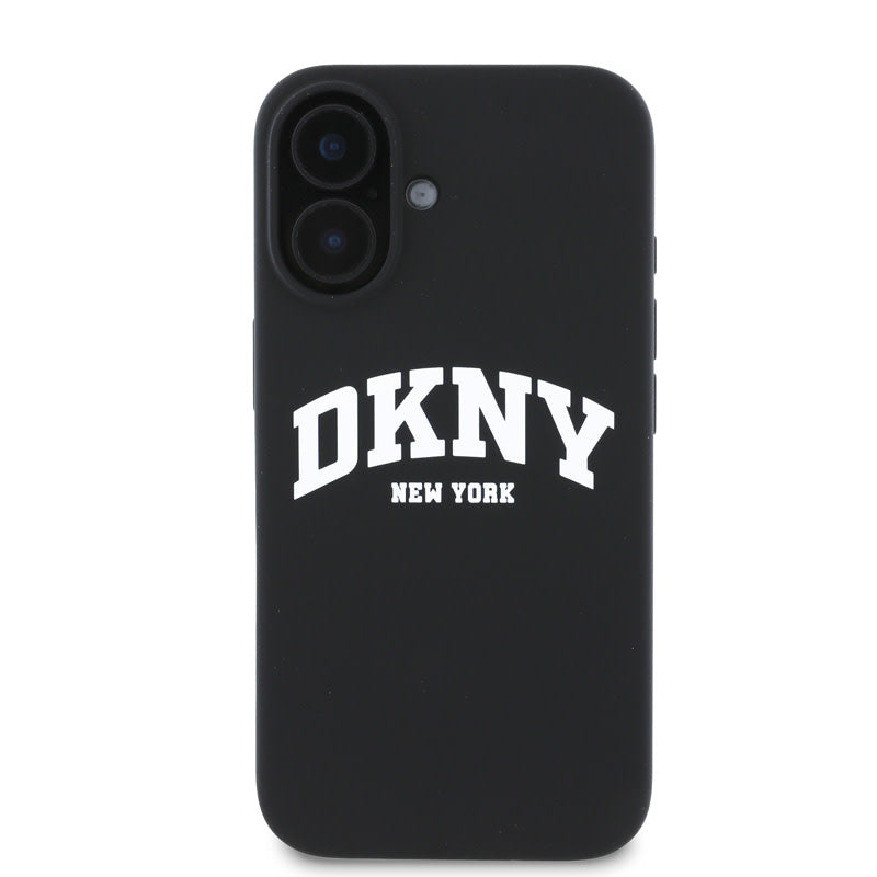 DKNY iPhone 16 Backcover hoesje Magsafe - Liquid Silicone - White Arch Logo - Zwart-Hoesjes-Ilumina Benelux