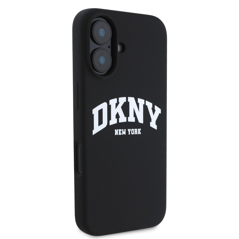 DKNY iPhone 16 Backcover hoesje Magsafe - Liquid Silicone - White Arch Logo - Zwart-Hoesjes-Ilumina Benelux
