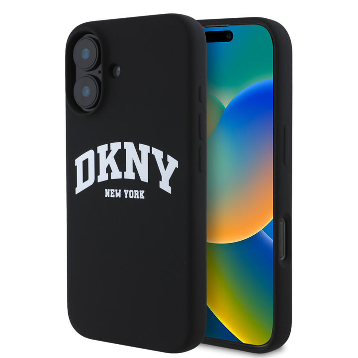 DKNY iPhone 16 Backcover hoesje Magsafe - Liquid Silicone - White Arch Logo - Zwart-Hoesjes-Ilumina Benelux