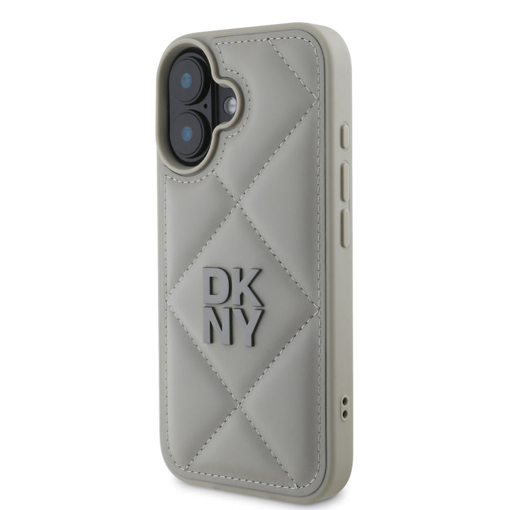 DKNY iPhone 16 Backcover hoesje PU Leather Quilted Stack Logo - Grijs-Hoesjes-Ilumina Benelux