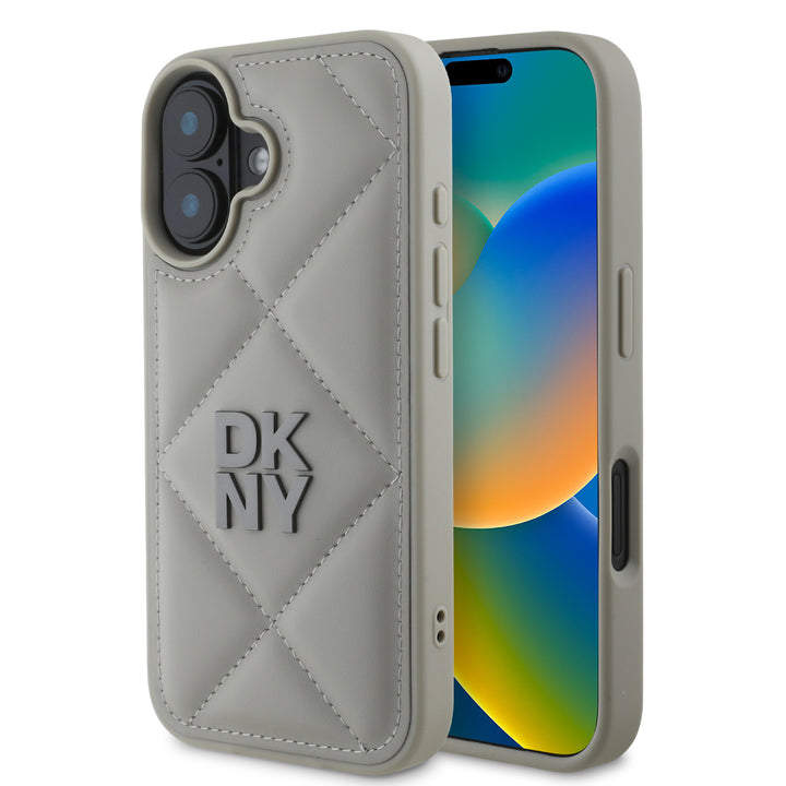 DKNY iPhone 16 Backcover hoesje PU Leather Quilted Stack Logo - Grijs-Hoesjes-Ilumina Benelux