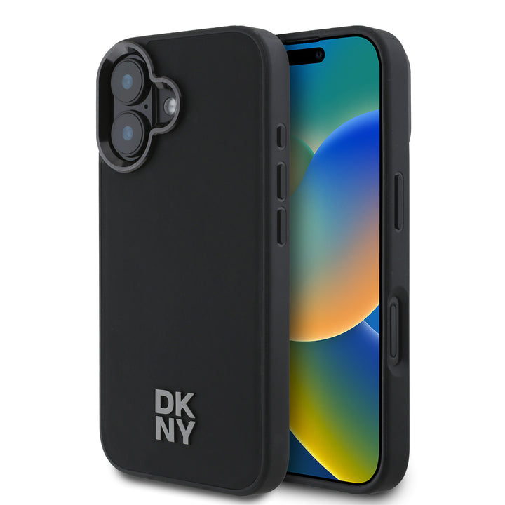 DKNY iPhone 16 Backcover hoesje PU Leather Stack Logo Magsafe Case - Zwart-Hoesjes-Ilumina Benelux