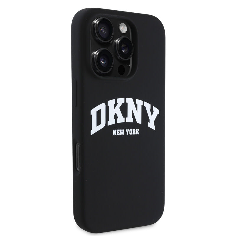 DKNY iPhone 16 Pro Backcover hoesje Magsafe - Liquid Silicone - White Arch Logo - Zwart-Hoesjes-Ilumina Benelux