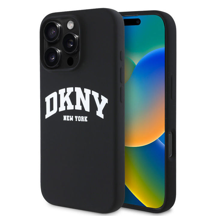 DKNY iPhone 16 Pro Backcover hoesje Magsafe - Liquid Silicone - White Arch Logo - Zwart-Hoesjes-Ilumina Benelux