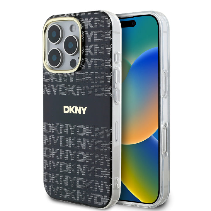 DKNY iPhone 16 Pro Backcover hoesje PC/TPU Repeat Pattern Tonal Stripe Magsafe - Zwart-Hoesjes-Ilumina Benelux