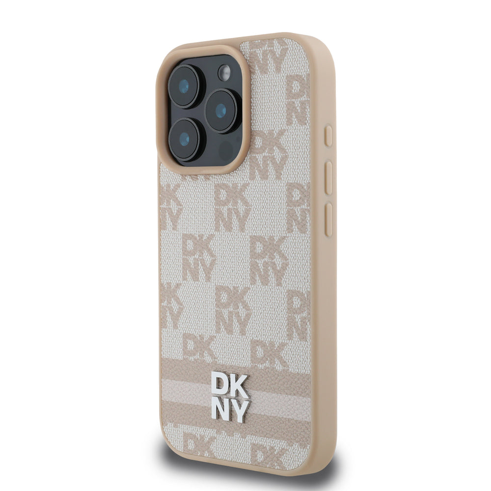 DKNY iPhone 16 Pro Backcover hoesje PU Leather Checkered Pattern and Stripe - Roze-Hoesjes-Ilumina Benelux