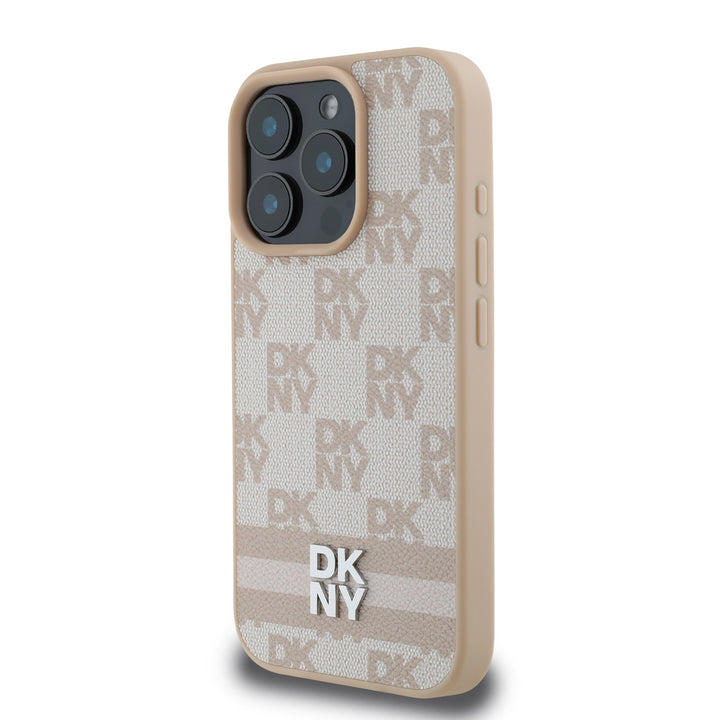 DKNY iPhone 16 Pro Backcover hoesje PU Leather Checkered Pattern and Stripe - Roze-Hoesjes-Ilumina Benelux