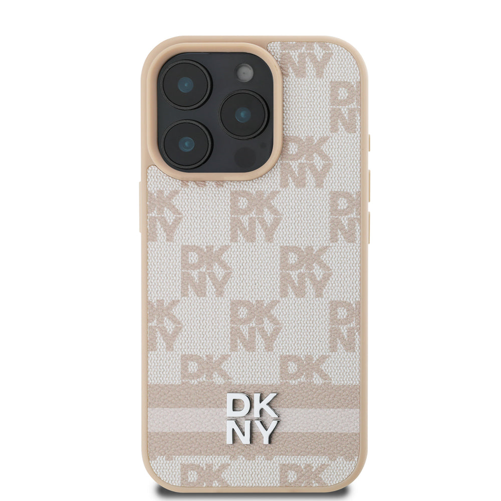 DKNY iPhone 16 Pro Backcover hoesje PU Leather Checkered Pattern and Stripe - Roze-Hoesjes-Ilumina Benelux
