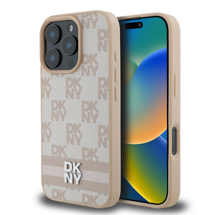DKNY iPhone 16 Pro Backcover hoesje PU Leather Checkered Pattern and Stripe - Roze-Hoesjes-Ilumina Benelux