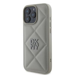 DKNY iPhone 16 Pro Backcover hoesje PU Leather Quilted Stack Logo - Grijs-Hoesjes-Ilumina Benelux