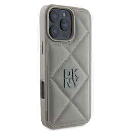 DKNY iPhone 16 Pro Backcover hoesje PU Leather Quilted Stack Logo - Grijs-Hoesjes-Ilumina Benelux