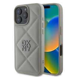 DKNY iPhone 16 Pro Backcover hoesje PU Leather Quilted Stack Logo - Grijs-Hoesjes-Ilumina Benelux