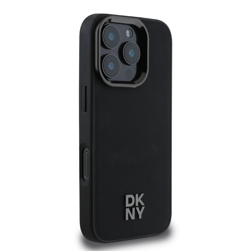 DKNY iPhone 16 Pro Backcover hoesje PU Leather Stack Logo Magsafe - Zwart-Hoesjes-Ilumina Benelux