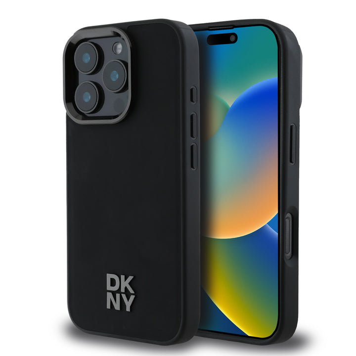 DKNY iPhone 16 Pro Backcover hoesje PU Leather Stack Logo Magsafe - Zwart-Hoesjes-Ilumina Benelux