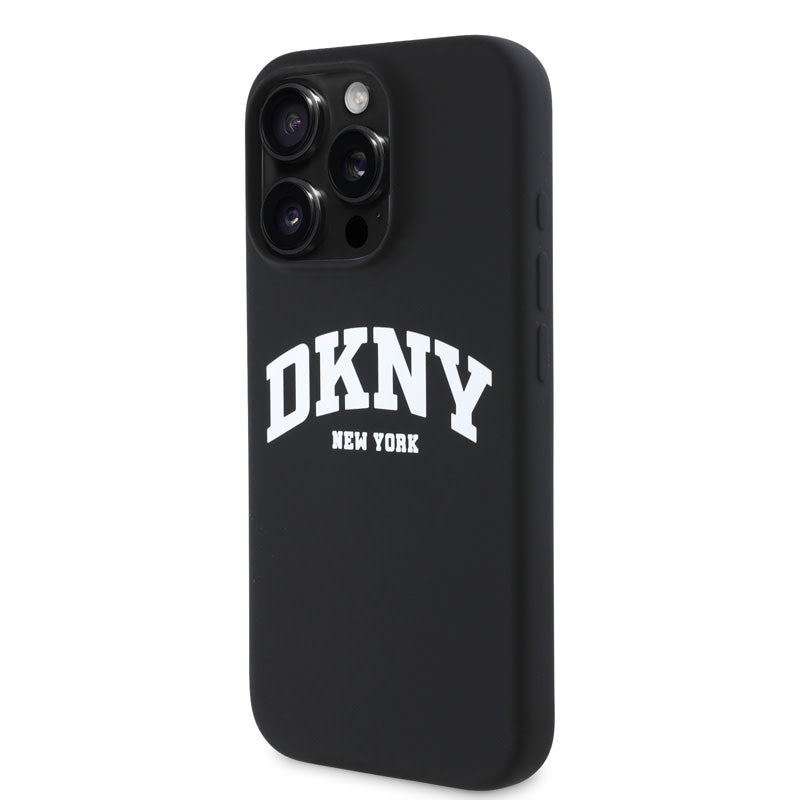 DKNY iPhone 16 Pro Max Backcover hoesje Magsafe - Liquid Silicone - White Arch Logo - Zwart-Hoesjes-Ilumina Benelux