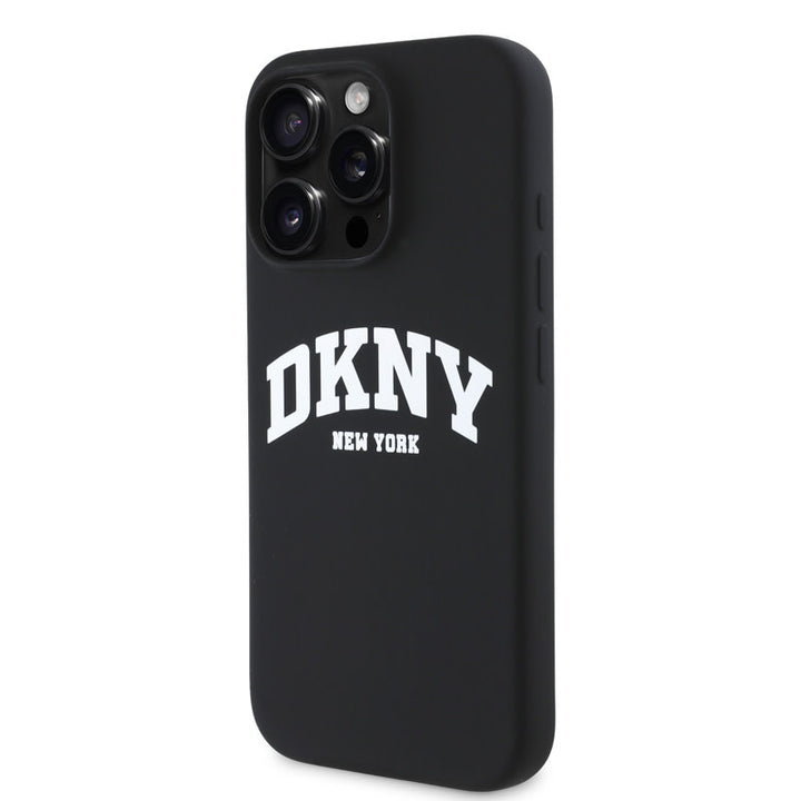 DKNY iPhone 16 Pro Max Backcover hoesje Magsafe - Liquid Silicone - White Arch Logo - Zwart-Hoesjes-Ilumina Benelux