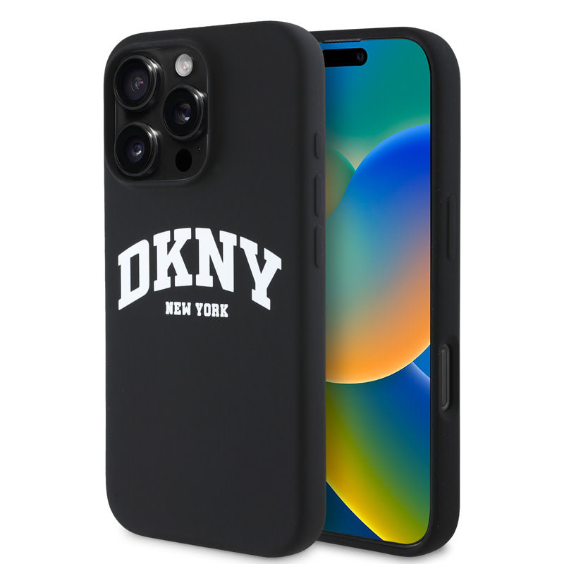 DKNY iPhone 16 Pro Max Backcover hoesje Magsafe - Liquid Silicone - White Arch Logo - Zwart-Hoesjes-Ilumina Benelux