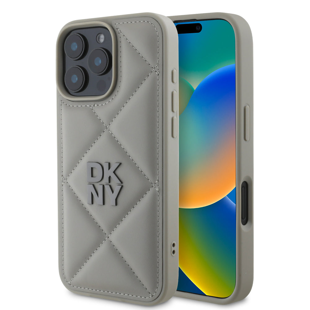 DKNY iPhone 16 Pro Max Backcover hoesje PU Leather Quilted Stack Logo - Zwart-Hoesjes-Ilumina Benelux