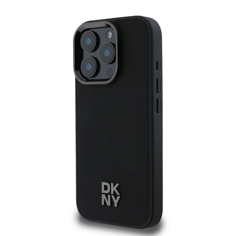 DKNY iPhone 16 Pro Max Backcover hoesje PU Leather Stack Logo Magsafe - Zwart-Hoesjes-Ilumina Benelux